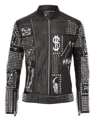 Mens Punk Biker Full Black Studded Embroidery Patches Leather Jacket - Shearling leather