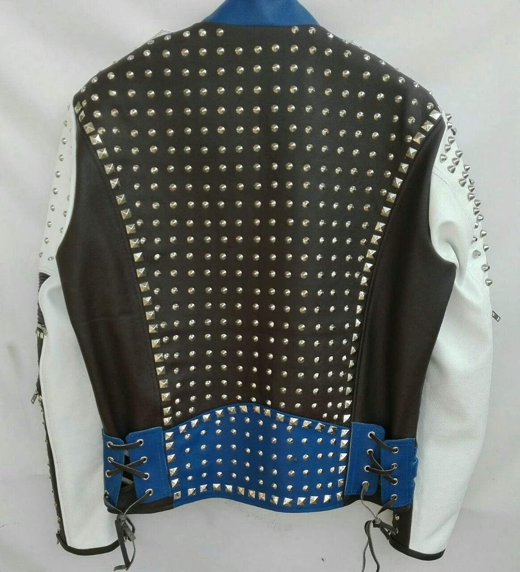 Mens Punk Blue White Silver Studded Cowhide Leather Jacket - Shearling leather