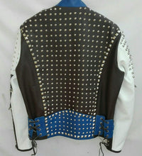 Load image into Gallery viewer, Mens Punk Blue White Silver Studded Cowhide Leather Jacket - Shearling leather
