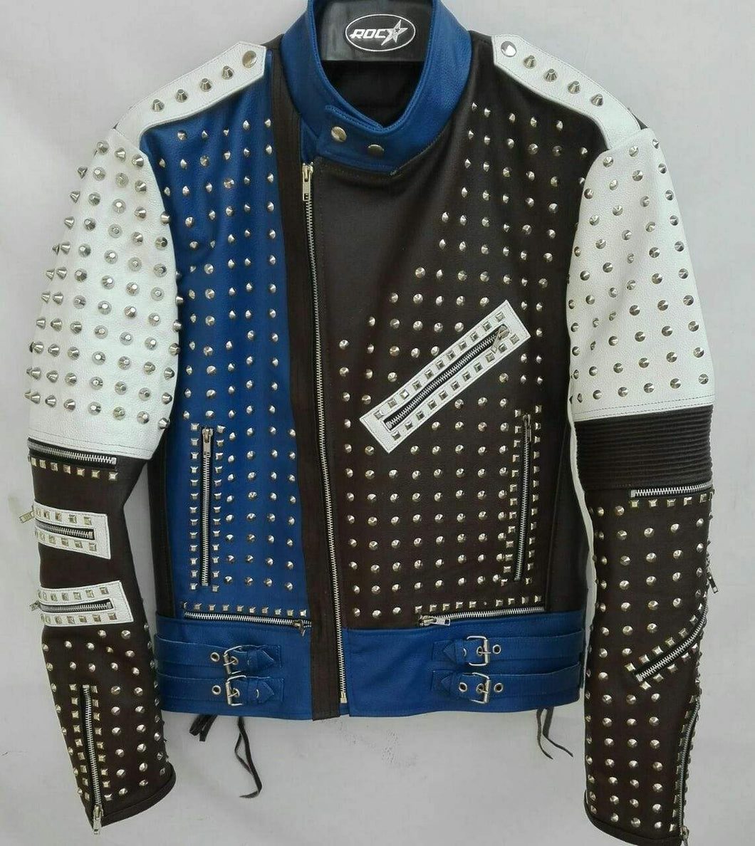 Mens Punk Blue White Silver Studded Cowhide Leather Jacket - Shearling leather