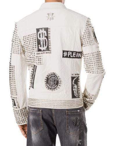Mens Punk Full White Studded Embroidery Patches Leather Jacket - Shearling leather