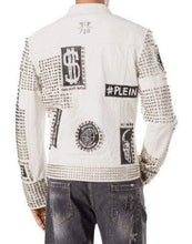 Load image into Gallery viewer, Mens Punk Full White Studded Embroidery Patches Leather Jacket - Shearling leather
