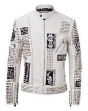 Load image into Gallery viewer, Mens Punk Full White Studded Embroidery Patches Leather Jacket - Shearling leather
