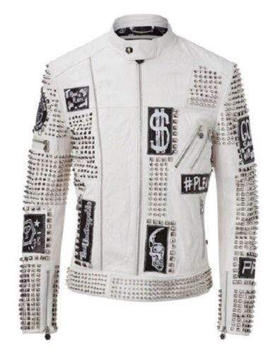 Mens Punk Full White Studded Embroidery Patches Leather Jacket - Shearling leather