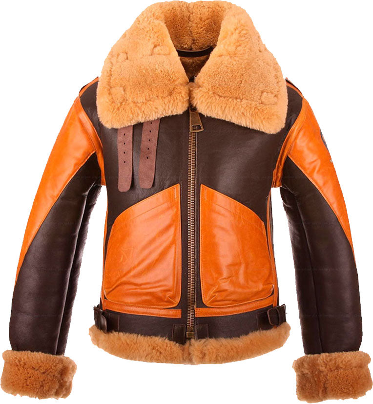New Style Two Tone Mens Bomber Leather Jacket With Fur - Shearling leather