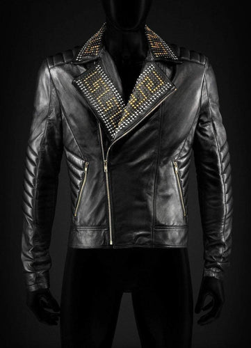 Golden Silver Studded Mens Black Cowhide Leather Jacket - Shearling leather