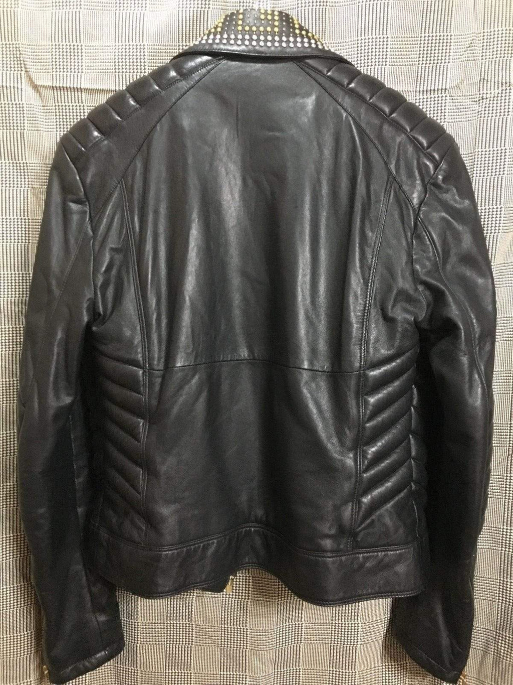 Golden Silver Studded Mens Black Cowhide Leather Jacket - Shearling leather
