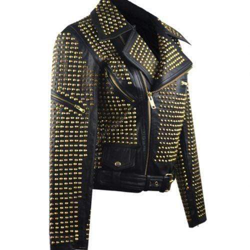 Woman Black Full Golden Studded Brando Style Punk Cowhide Leather Jacket - Shearling leather