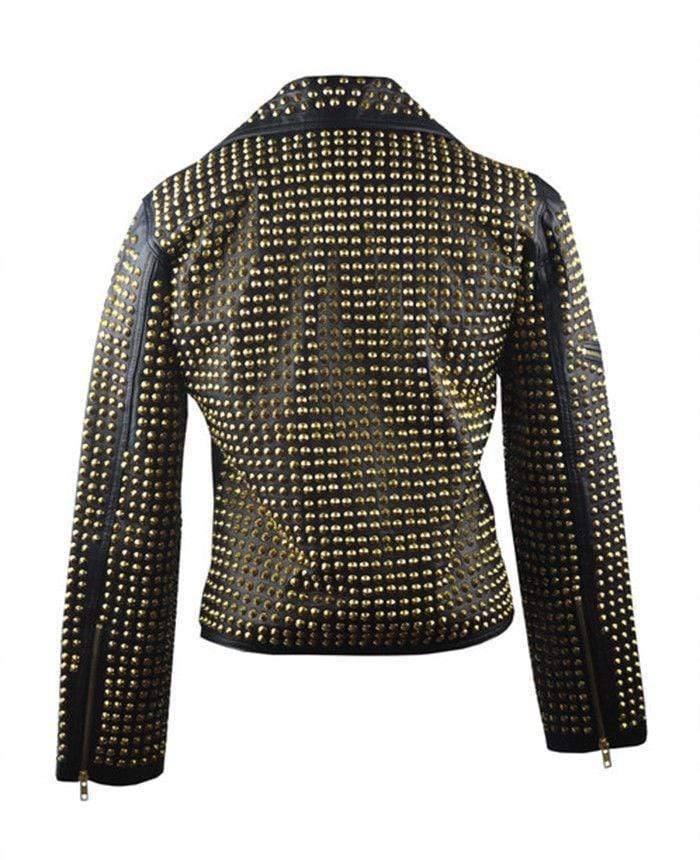 Woman Black Full Golden Studded Brando Style Punk Cowhide Leather Jacket - Shearling leather