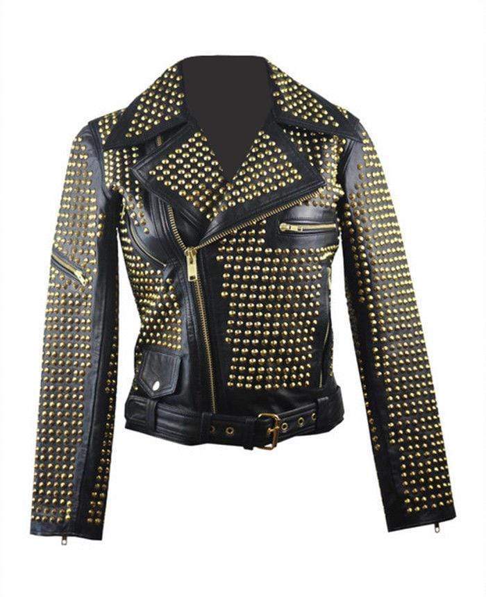 Woman Black Full Golden Studded Brando Style Punk Cowhide Leather Jacket - Shearling leather
