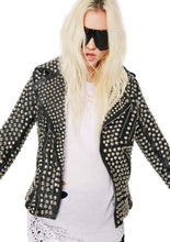 Load image into Gallery viewer, Woman Full Silver Studded Punk Cowhide Leather Jacket - Shearling leather
