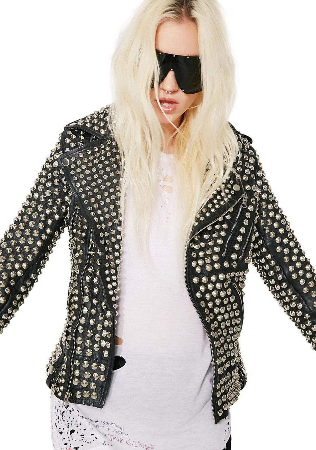 Woman Full Silver Studded Punk Cowhide Leather Jacket - Shearling leather