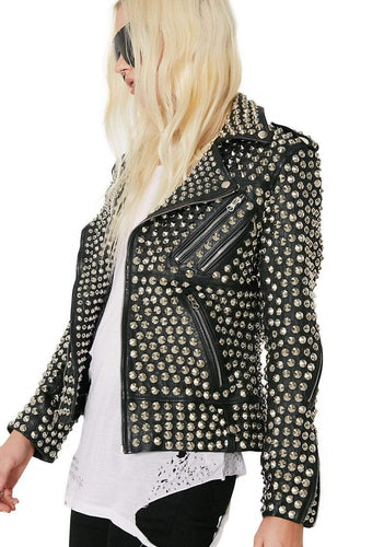 Woman Full Silver Studded Punk Cowhide Leather Jacket - Shearling leather