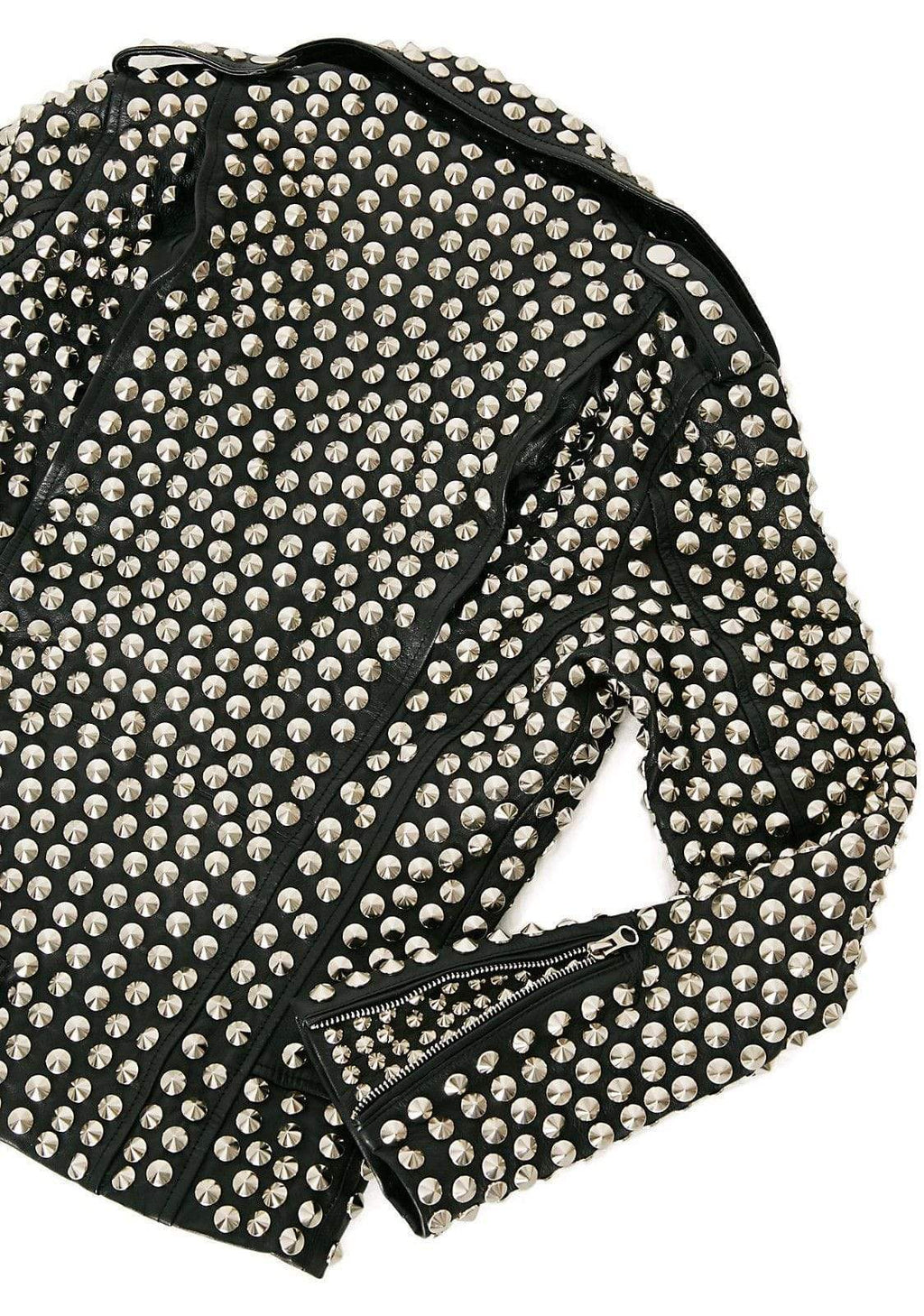 Woman Full Silver Studded Punk Cowhide Leather Jacket - Shearling leather