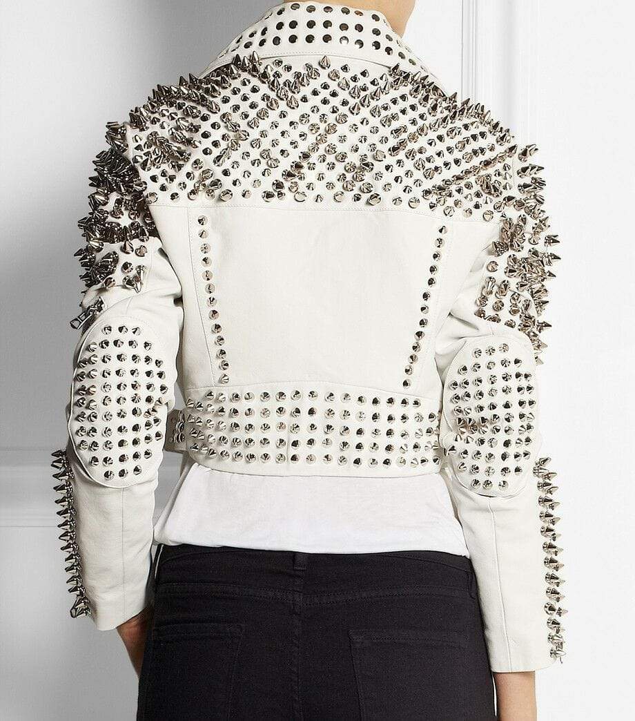 Woman Full White Punk Brando Spiked Studded Leather Jacket - Shearling leather