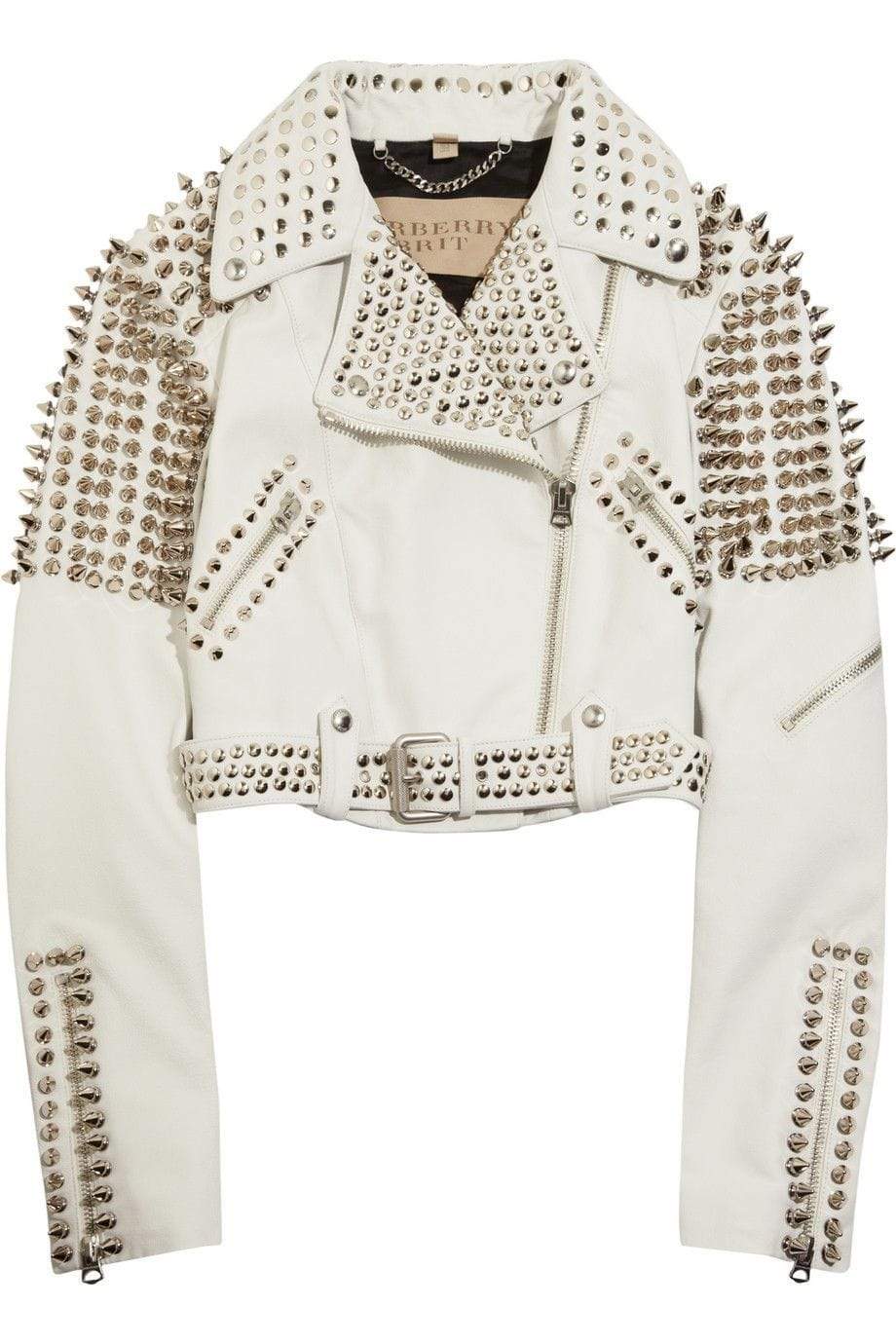 Woman Full White Punk Brando Spiked Studded Leather Jacket - Shearling leather