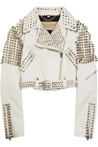 Woman Full White Punk Brando Spiked Studded Leather Jacket - Shearling leather