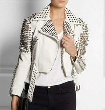 Load image into Gallery viewer, Woman Full White Punk Brando Spiked Studded Leather Jacket - Shearling leather
