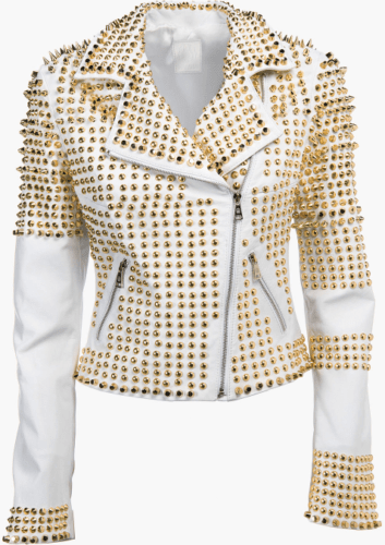 Woman White Punk Golden Studded Biker Cowhide Leather - Shearling leather