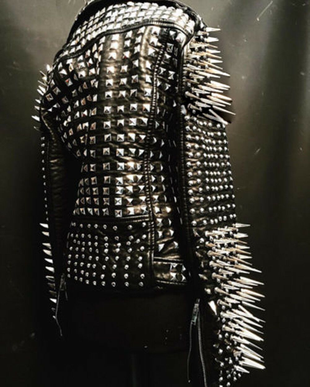 Woman Full Black Rock Punk Silver Long Spiked Studded Leather Brando Jacket - Shearling leather