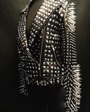 Load image into Gallery viewer, Woman Full Black Rock Punk Silver Long Spiked Studded Leather Brando Jacket - Shearling leather
