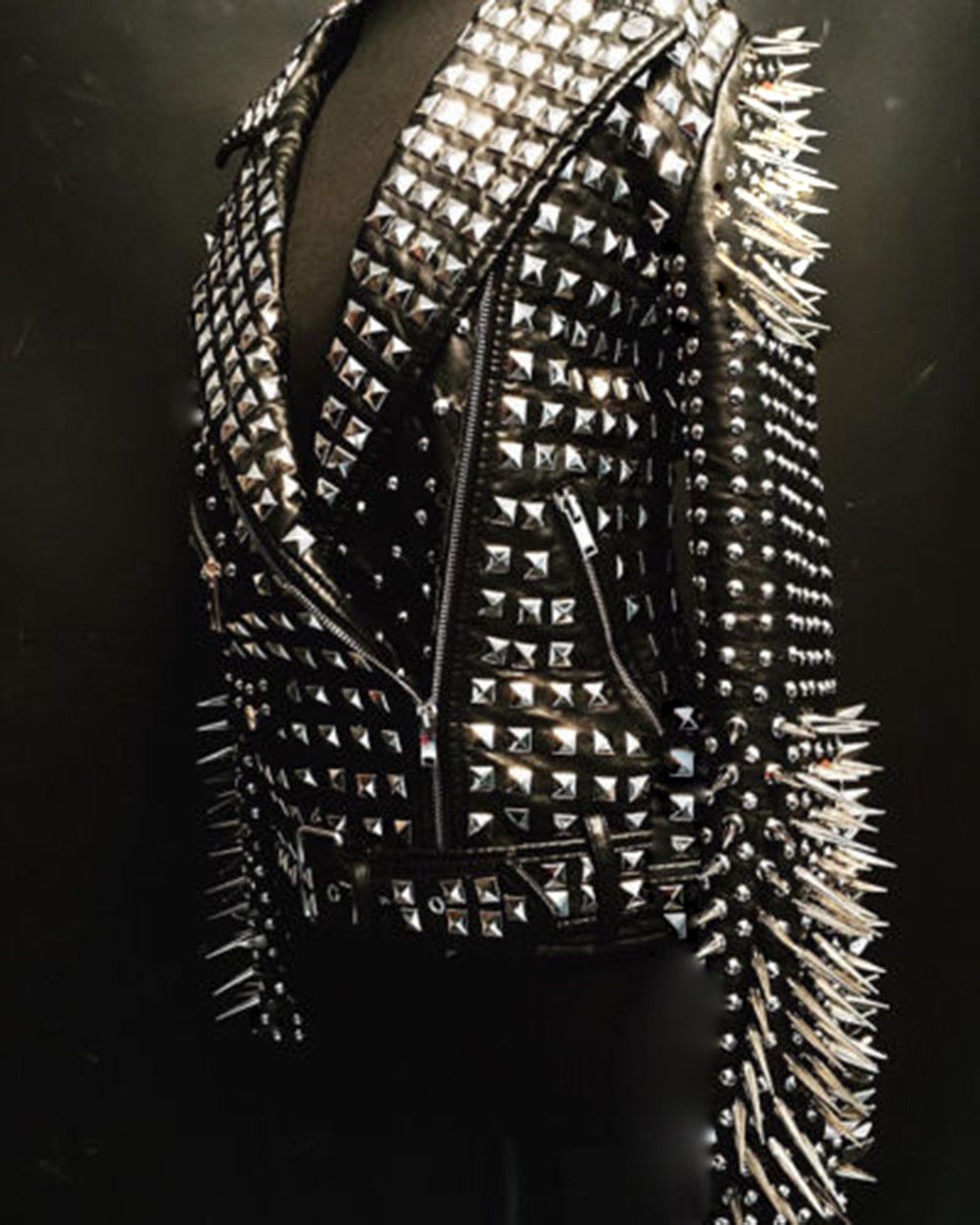 Woman Full Black Rock Punk Silver Long Spiked Studded Leather Brando Jacket - Shearling leather