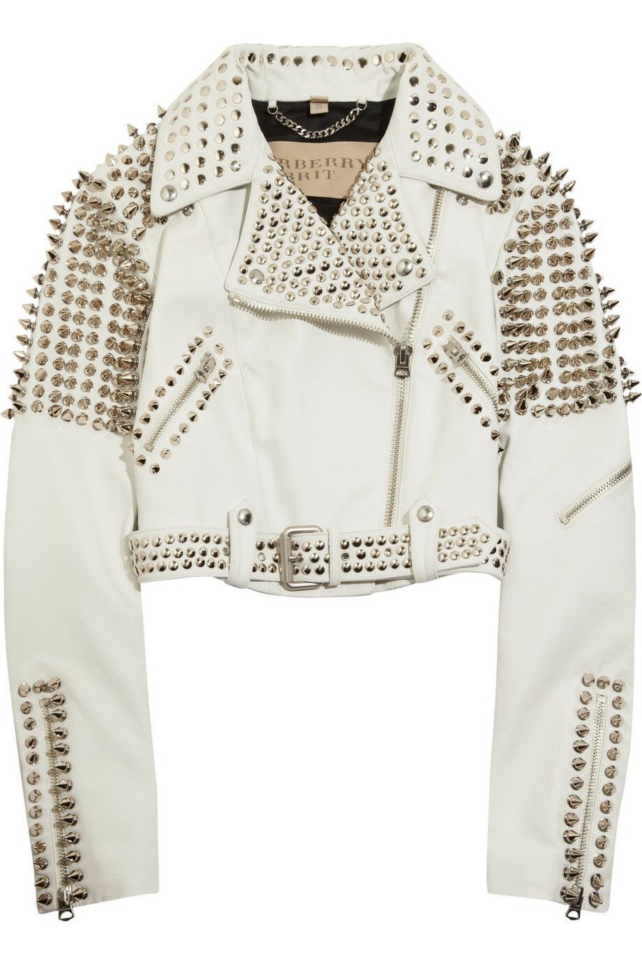 New Woman Full White Punk Brando Spiked Studded Leather Jacket - Shearling leather