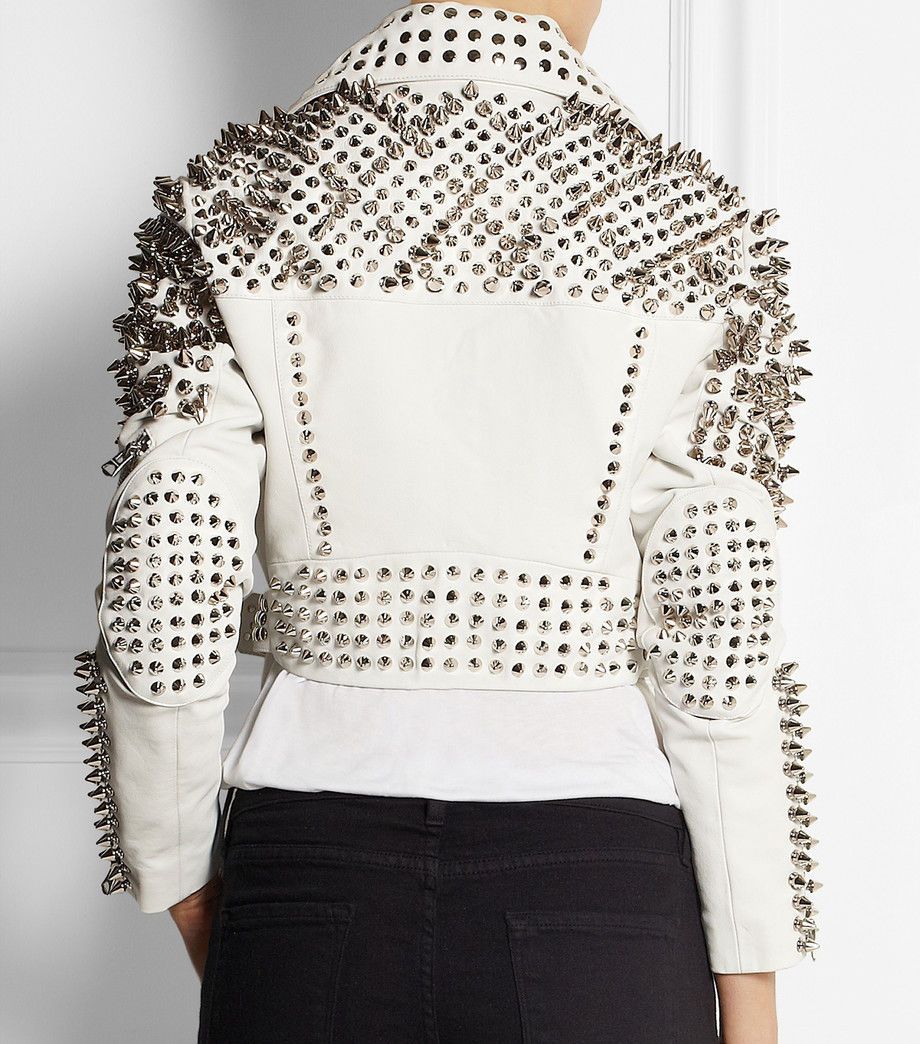 New Woman Full White Punk Brando Spiked Studded Leather Jacket - Shearling leather