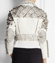 Load image into Gallery viewer, New Woman Full White Punk Brando Spiked Studded Leather Jacket - Shearling leather
