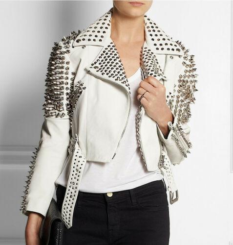 New Woman Full White Punk Brando Spiked Studded Leather Jacket - Shearling leather