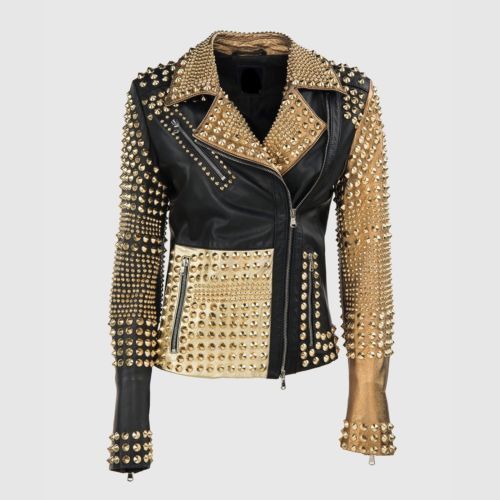 Woman Punk Brando Full Golden Studded Black Biker Leather Jacket - Shearling leather