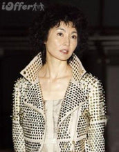 Load image into Gallery viewer, New Woman Punk Full White Silver Spiked Studded Brando Leather Jacket - Shearling leather
