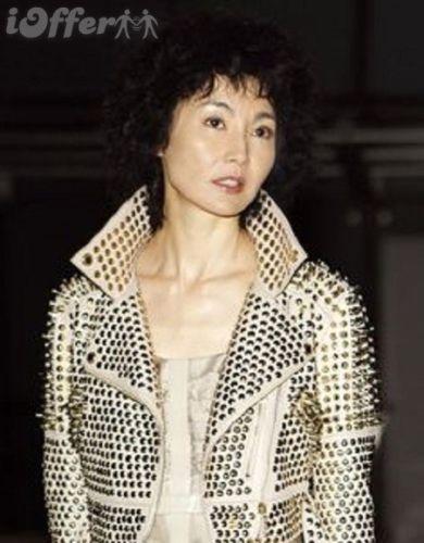 New Woman Punk Full White Silver Spiked Studded Brando Leather Jacket - Shearling leather