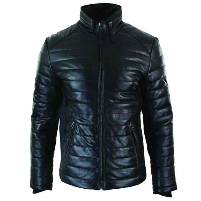 Genuine Quilted Mens Real Leather Puffer Zipped Jacket Black Casual - Shearling leather