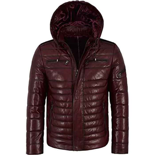 Men’s Puffer Hooded Quilted Lambskin Leather Jacket - Shearling leather