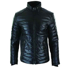 Load image into Gallery viewer, Genuine Quilted Mens Real Leather Puffer Zipped Jacket Black Casual - Shearling leather
