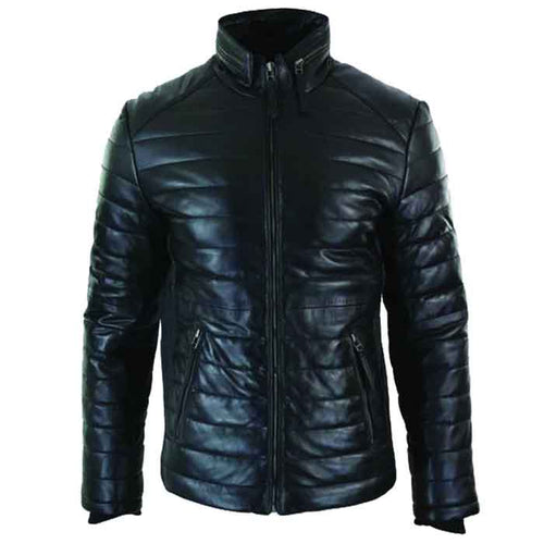 Genuine Quilted Mens Real Leather Puffer Zipped Jacket Black Casual - Shearling leather