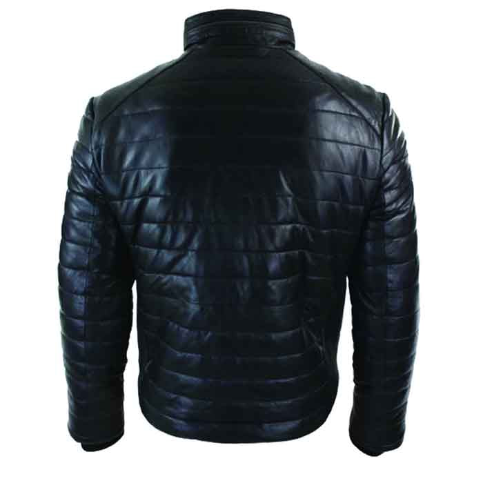 Genuine Quilted Mens Real Leather Puffer Zipped Jacket Black Casual - Shearling leather
