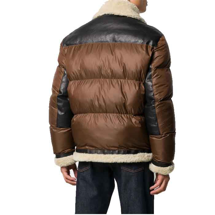 Front Full Zipped Puffer Leather Jacket For Men’s - Shearling leather