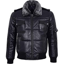 Load image into Gallery viewer, Men’s Black Hair On Collar Puffer Bomber 100% Real Leather Jacket - Shearling leather
