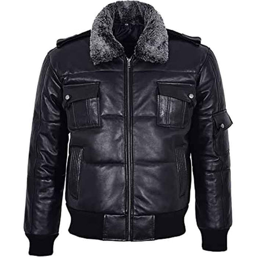 Men’s Black Hair On Collar Puffer Bomber 100% Real Leather Jacket - Shearling leather