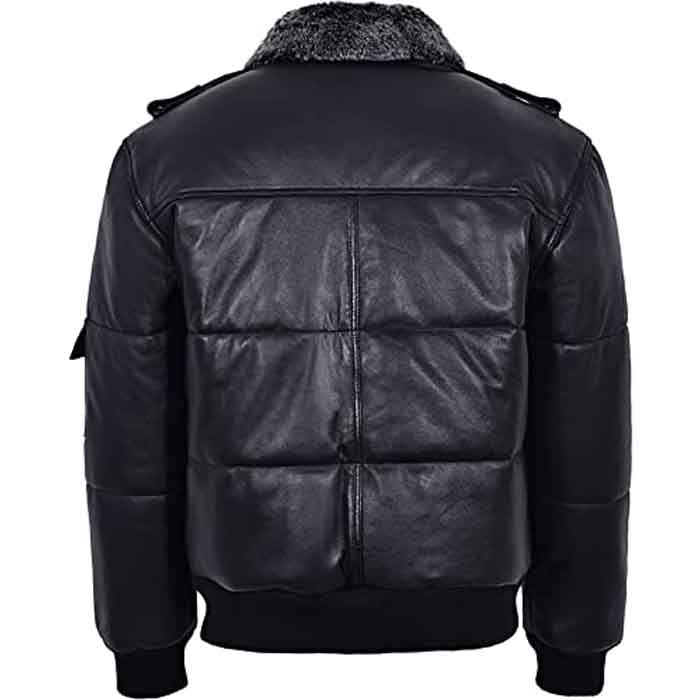 Men’s Black Hair On Collar Puffer Bomber 100% Real Leather Jacket - Shearling leather