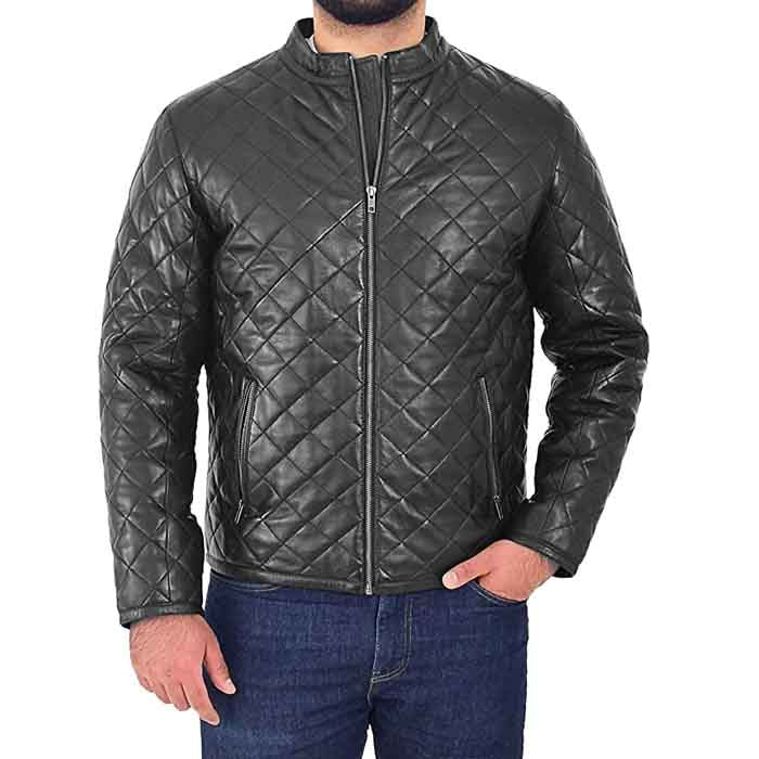 Men’s Leather Puffer Jacket Black Padded Zip Fasten Stand-up Collar - Shearling leather