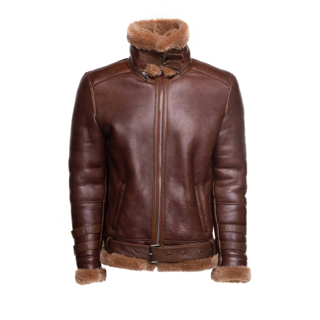 Phan's Brown Aviator bomber shearling jacket with a waist belt - Shearling leather