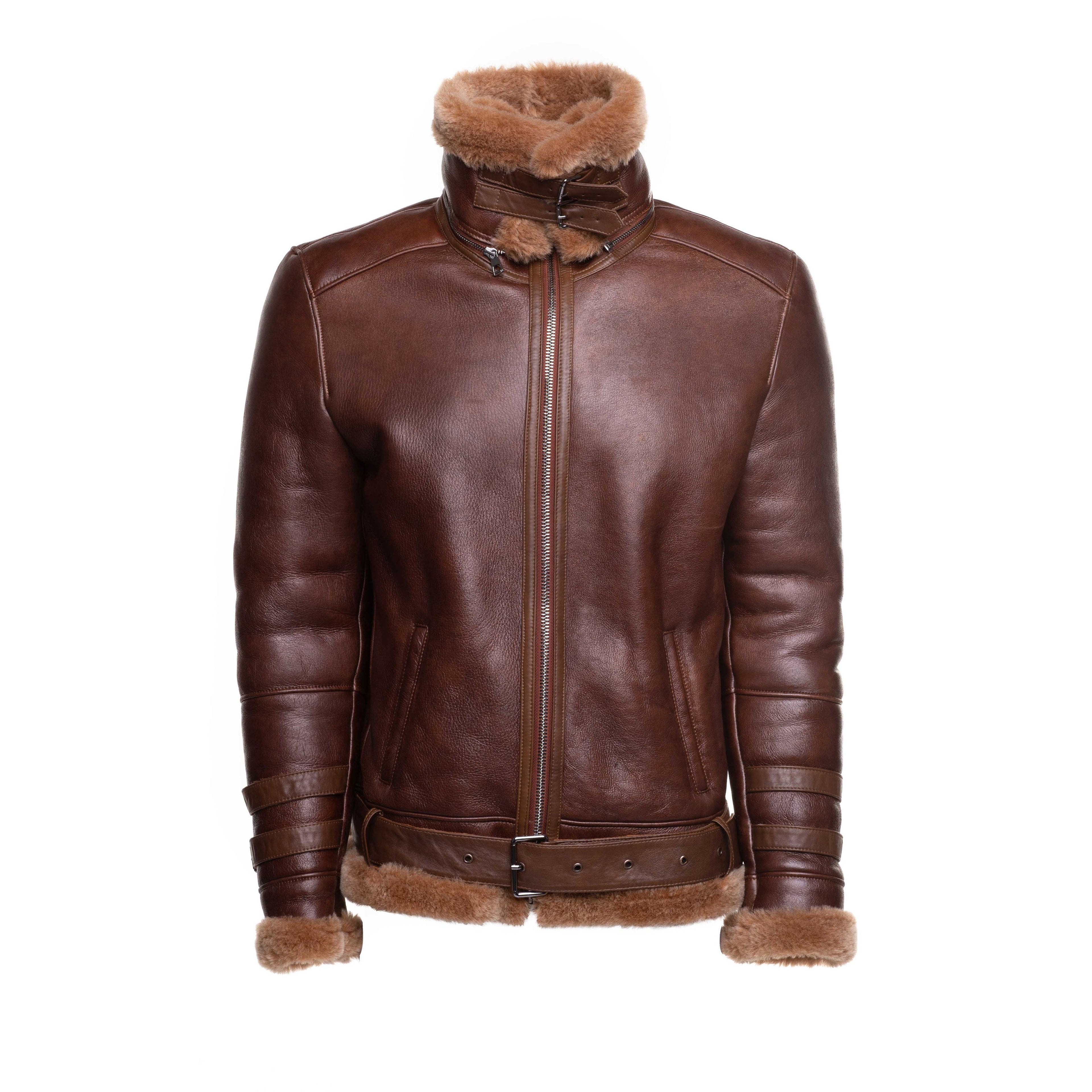 Phan's Brown Aviator bomber shearling jacket with a waist belt - Shearling leather