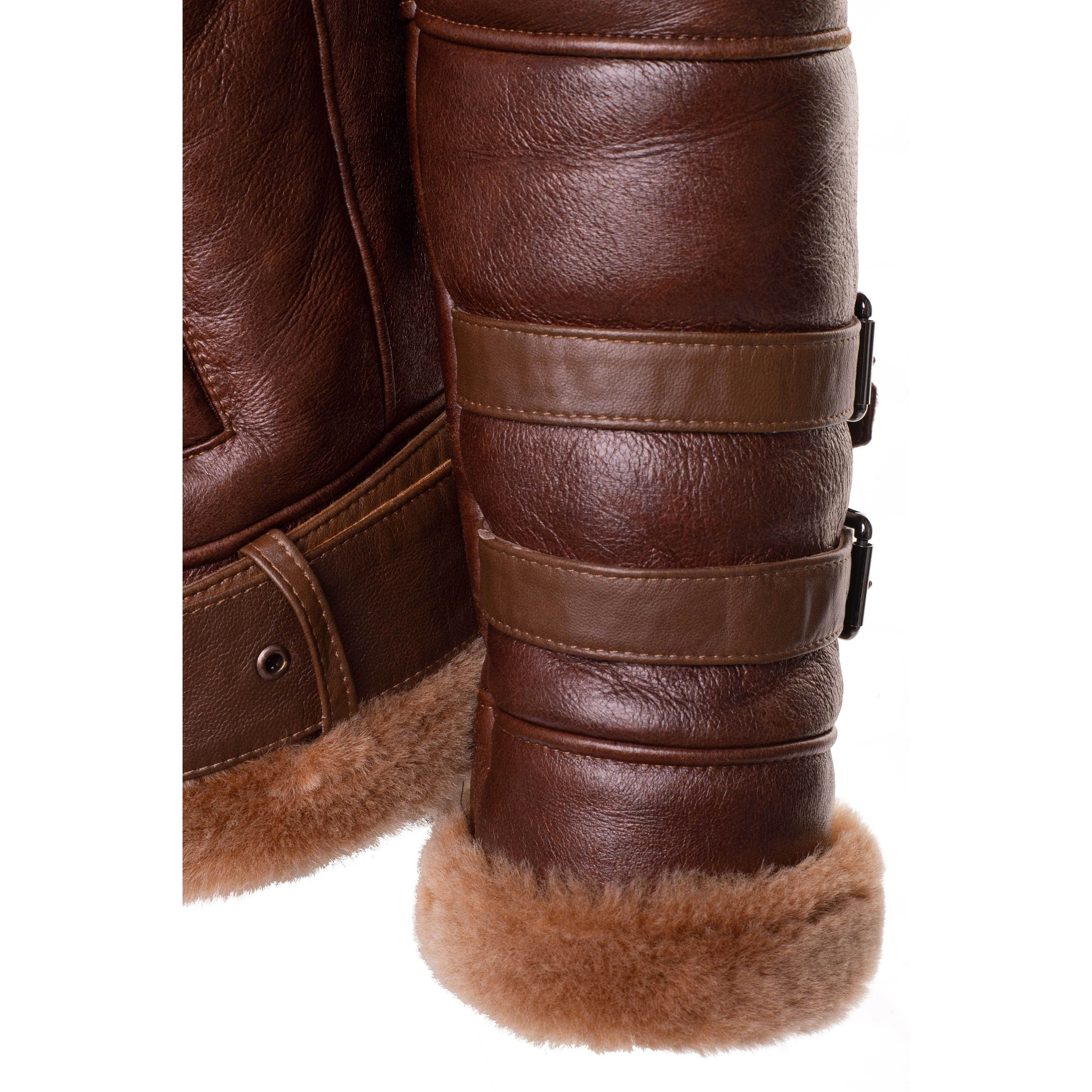 Phan's Brown Aviator bomber shearling jacket with a waist belt - Shearling leather