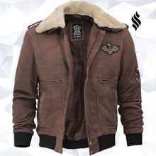 Load image into Gallery viewer, Pierson G1 Bomber Mens Leather Brown Shearling Collar Jacket

