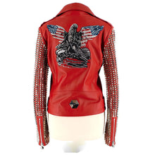 Load image into Gallery viewer, New Women&#39;s Red studded Fashion Motorcycle  Leather Biker Jacket
