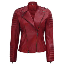 Load image into Gallery viewer, Red Women&#39;s Leather Motorcycle Jacket
