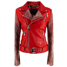 Load image into Gallery viewer, New Women&#39;s Red studded Fashion Motorcycle  Leather Biker Jacket
